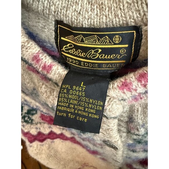 Vintage Eddie Bauer Wool Blend Cardigan Sweater Large Floral Fair Isle Gray Purp - Picture 2 of 5